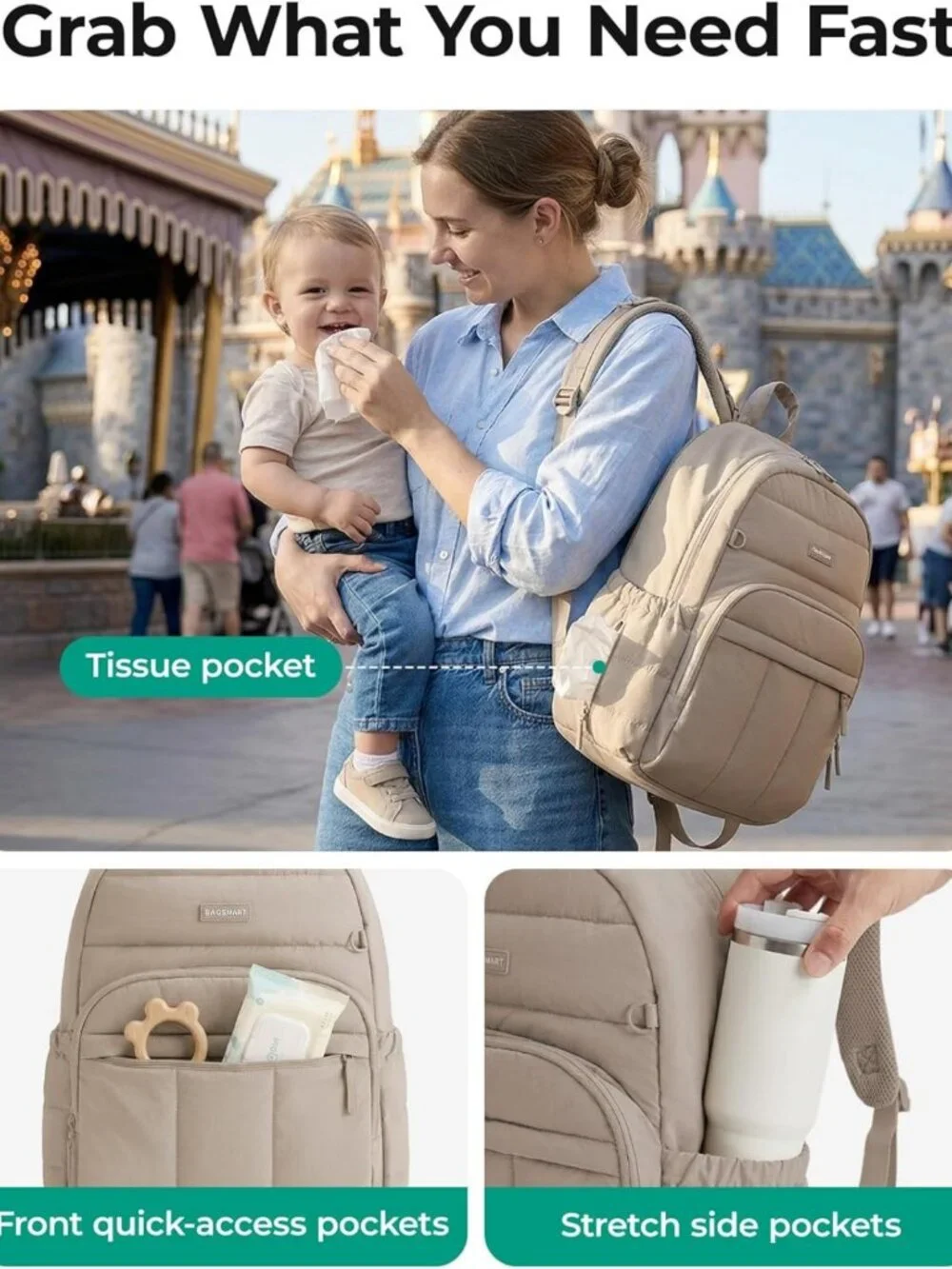 Stylish Multi-Pocket Diaper Bag Backpack with Waterproof Changing Pad